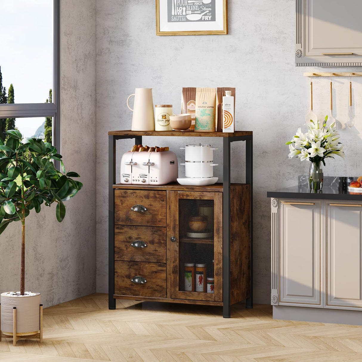 Homeiju Storage Cabinet, Bathroom Storage Cabinet Organizer with 3 Removable Drawers and 1 Door, Industrial Floor Storage Cabinet for Kitchen, Living Room, Bathroom, Home Office Homeiju