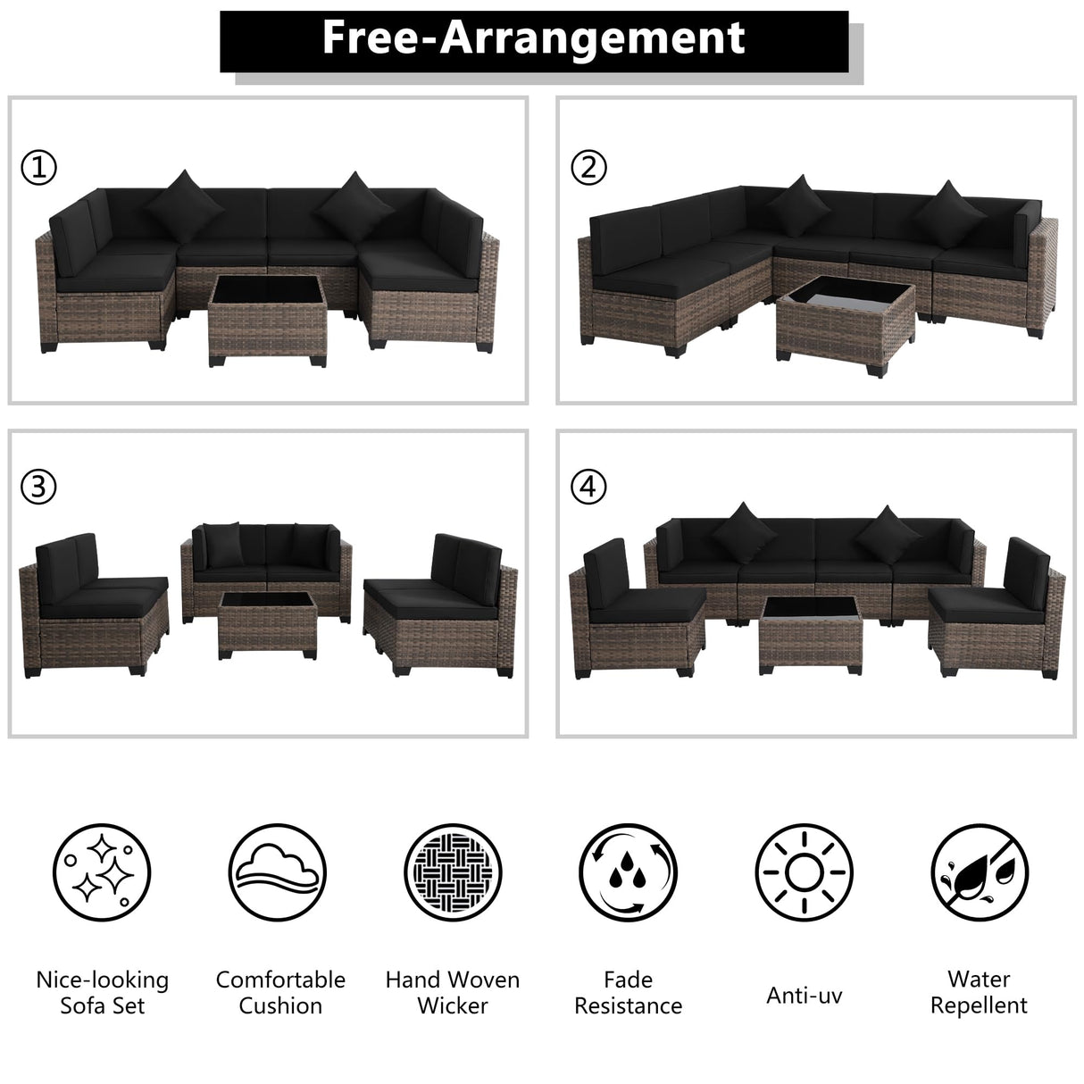KIGOTY 7 Pieces Modular Outdoor Sectional Sofa, Wicker Patio Conversation Set, All-Weather PE Rattan Sectional Sofa with Cushions and Glass Coffee Table (Black Cushions, Brown Rattan) KIGOTY