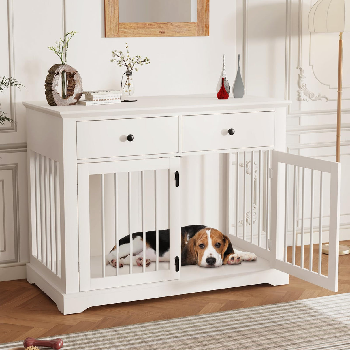 Dog Crate Furniture, 44 Inch Wooden Dog Kennel Furniture Indoor with 2 Storage Drawers, Heavy Duty Large Dogs Crate Furniture, Cage & House Furniture for Small Medium Large Dogs, White VENDORZ