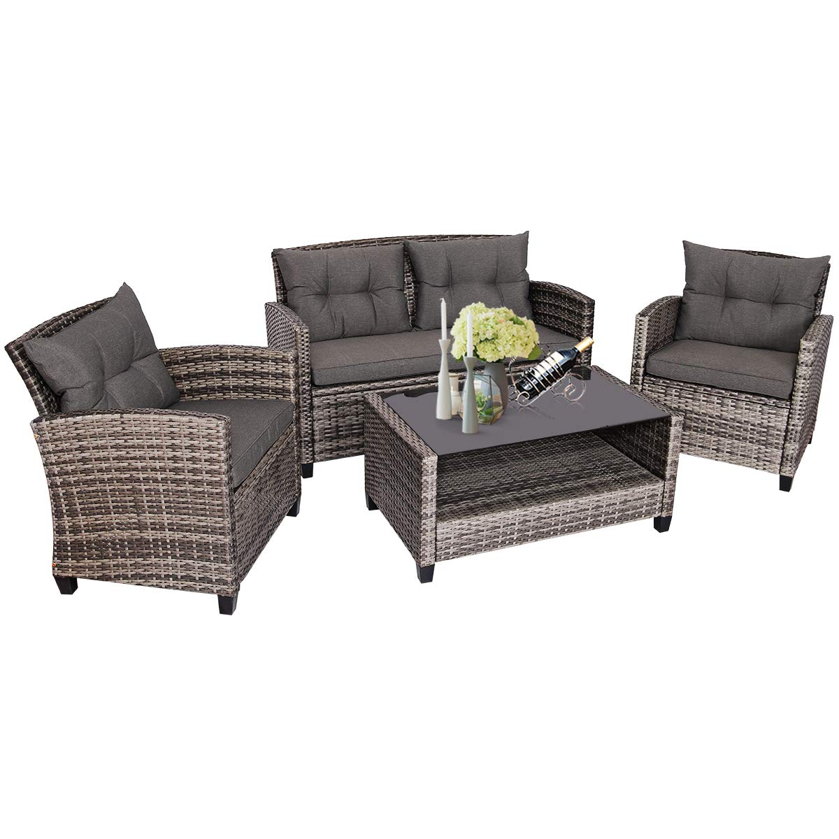 Tangkula 4 PCS Patio Wicker Conversation Furniture Set, Outdoor Rattan Sofa Set with Padded Cushion & Tempered Glass Coffee Table, Wicker Sectional Sofas & Table for Courtyard Balcony Garden (1, Grey) Tangkula