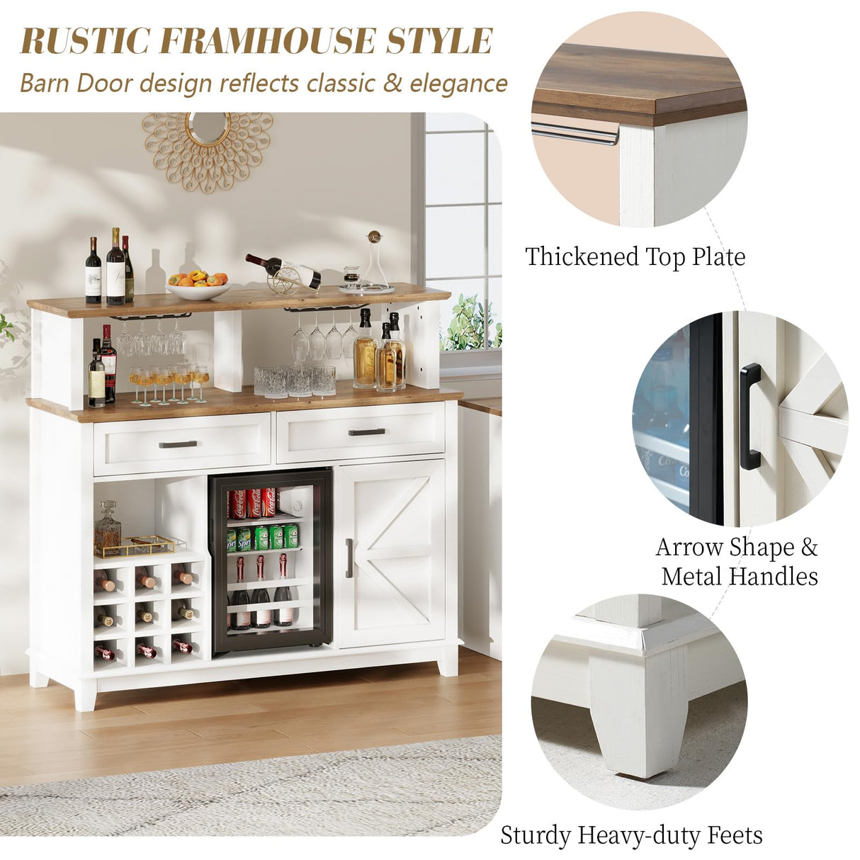 LUXOAK Farmhouse Coffee Bar Cabinet with Beverage Refrigerator Cooler, 47" Rustic Wine Bar Cabinet w/15 Mini Fridge, Barn Door & Glass Racks, Kitchen Hutch Buffet Table w/Drawer, Dining Room, White LUXOAK
