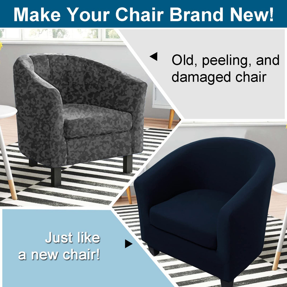 WOMACO 2 Pieces Club Chair Slipcover Printed Stretch Armchair Tub Round Barrel Swivel Chair Covers withc Cushion Cover Elastic Bottom Sofa Furniture Protector for Tullsta (1, Navy) WOMACO