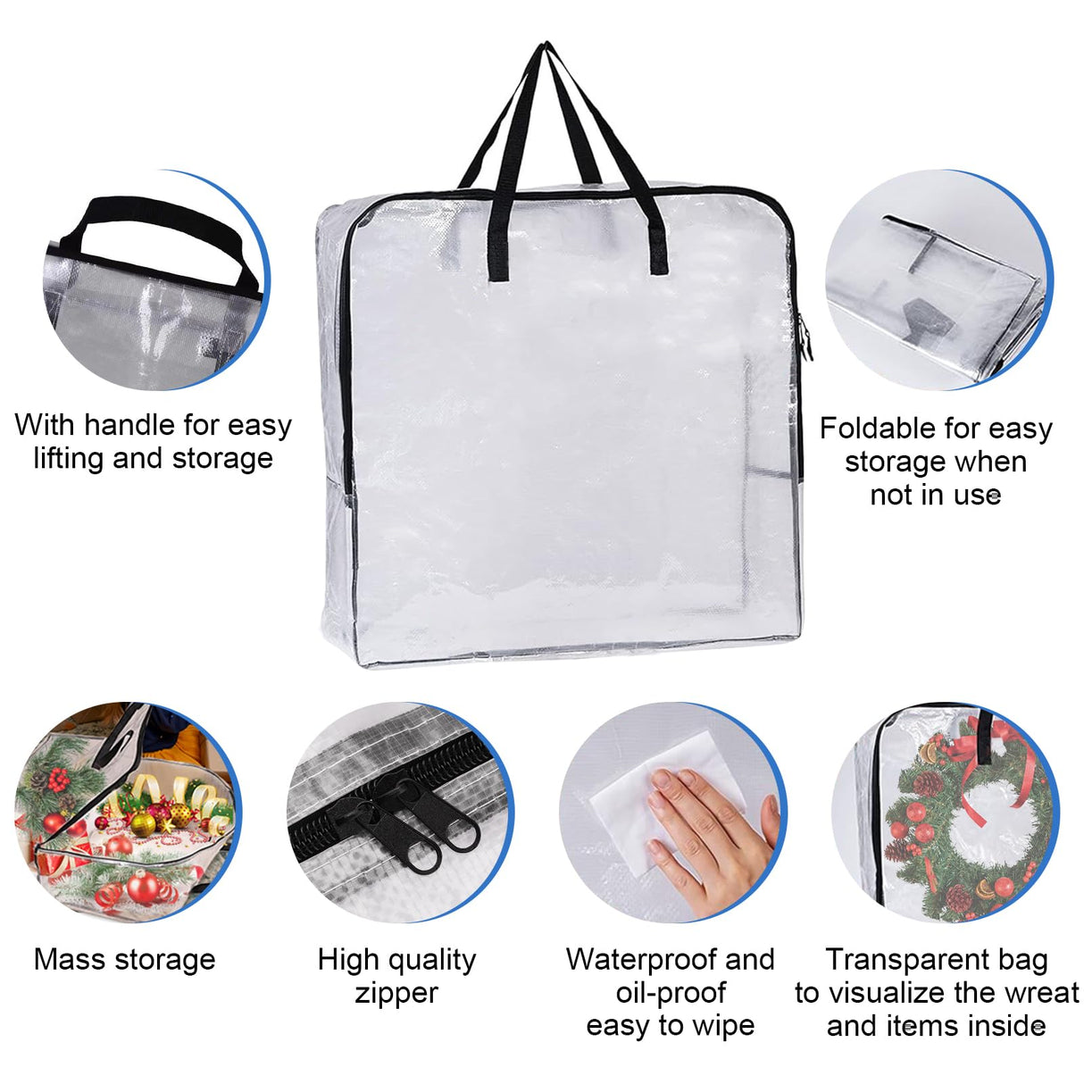 Tiltol 2 Pack 25 inches Wreath Storage Container,Extra Large Transparent Rectangular Christmas Ornament Storage Bags with Zipper and Handles,Perfect for Wreaths,Garlands,Gifts,Waterproof,Foldable Tiltol