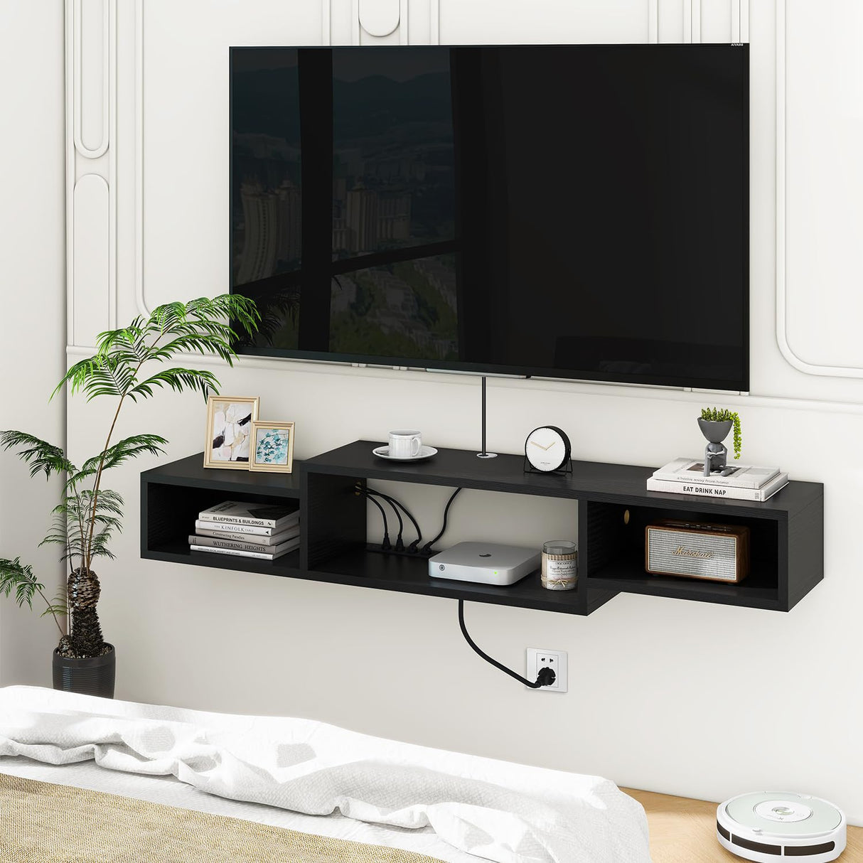 IBUYKE 59" Floating TV Stand Wall Mounted with Power Outlet,Wood Wall Mounted Media Console Shelf,Floating Entertainment Center for Under TV Storage for Living Room Bedroom Office,Black WST007B IBUYKE
