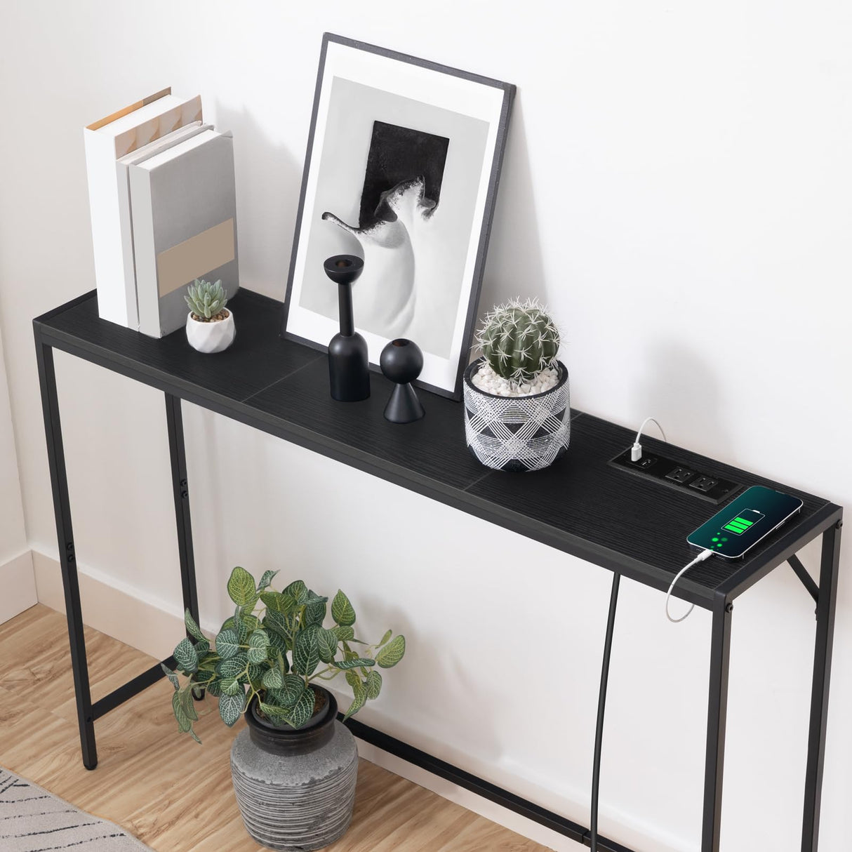MAHANCRIS Console Table, Narrow Sofa Table, 43.3” Entrance Table with Power Station, Behind Couch Table, Simple Style, for Living Room, Hallway, Entryway, Foyer, Black CTHB112E01 MAHANCRIS