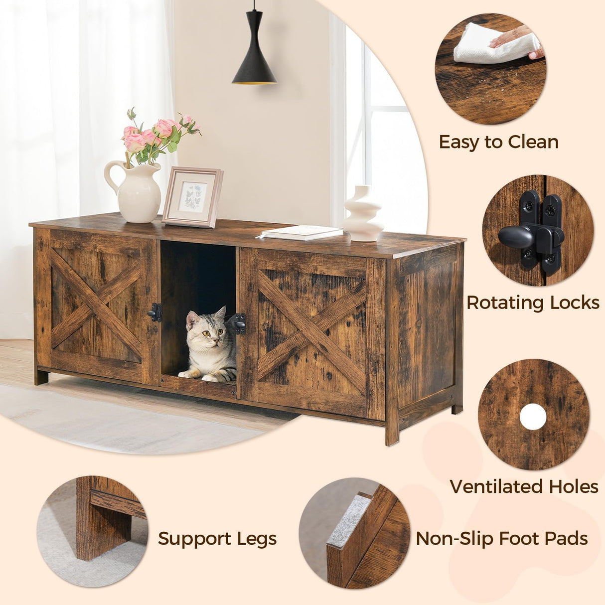 MAHANCRIS Cat Litter Box Enclosure for 2 Cats, 47.2" Hidden Cat Litter Box Furniture with Double Room, Wooden Cat Washroom with Scratching Board, Indoor Cat House End Table, Rustic Brown CWHR1201 MAHANCRIS