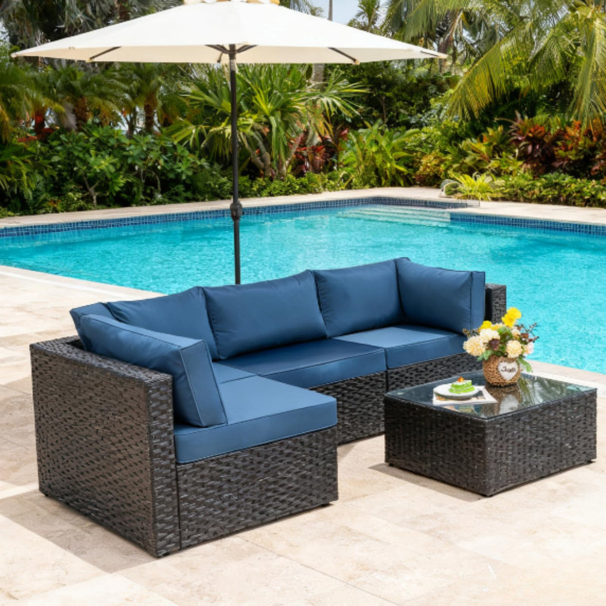 JAMFLY 5 Piece Outdoor Patio Furniture Set, PE Rattan Conversation Sofa Set with Thick Cushions & Glass Top Coffee Table, All-Weather Outside Furniture for Garden, Porch, Aegean Blue JAMFLY