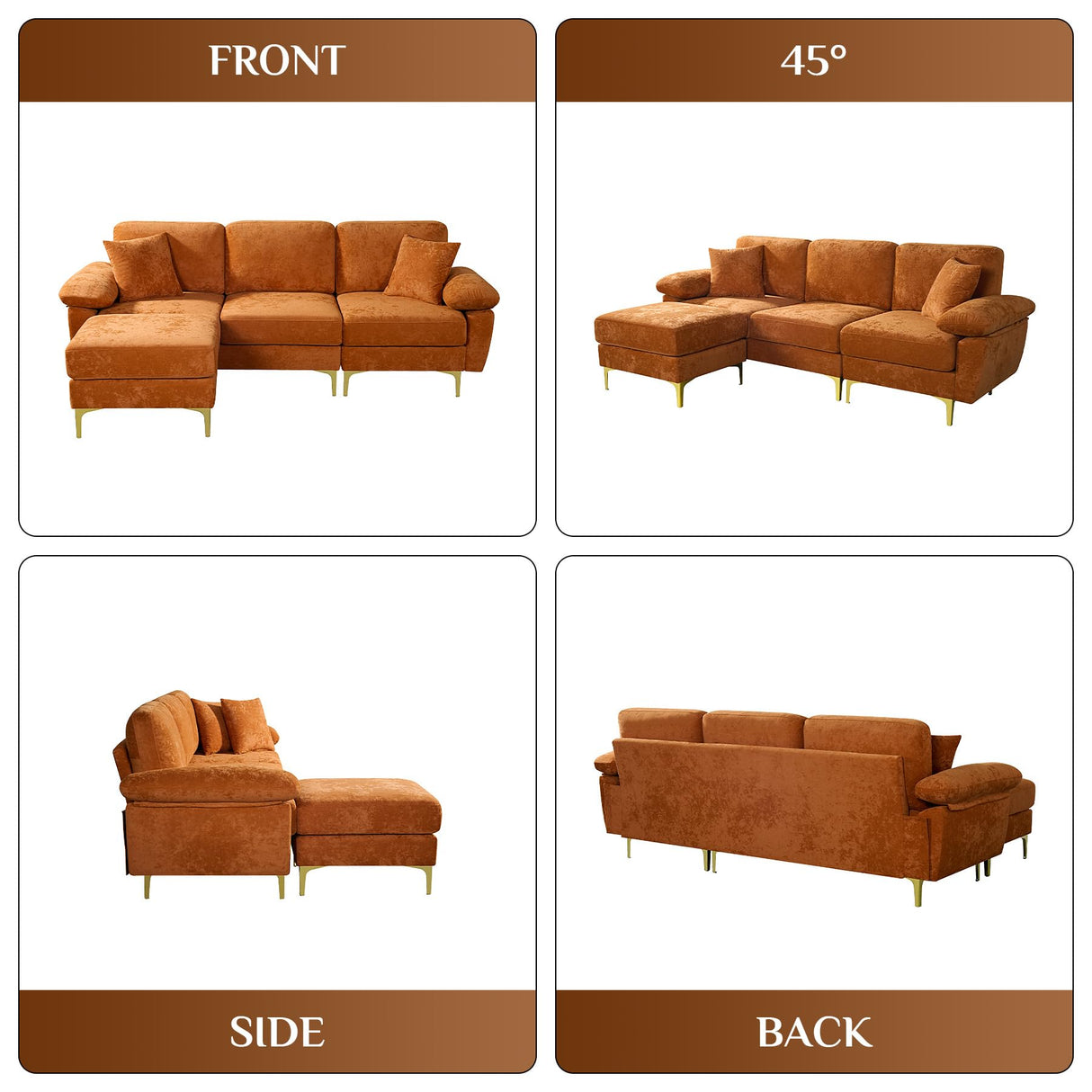 OUYESSIR L Shaped Sectional Sofa Couch, 91" Upholstered Velvet 3 Seat Sofa with Ottoman and Pillows, Comfy Couch Sleeper for Living Room, Bedroom (Orange) OUYESSIR