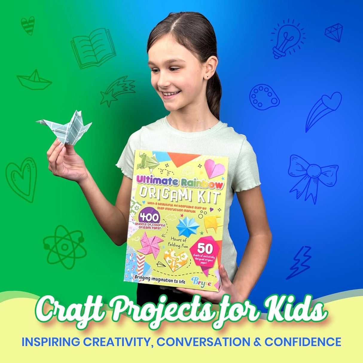 BRYTE Ultimate Rainbow Origami Kit with 450 Fun Colorful Papers, Gift-Ready Crafts for Girls Kids Ages 8-12 BRYTE