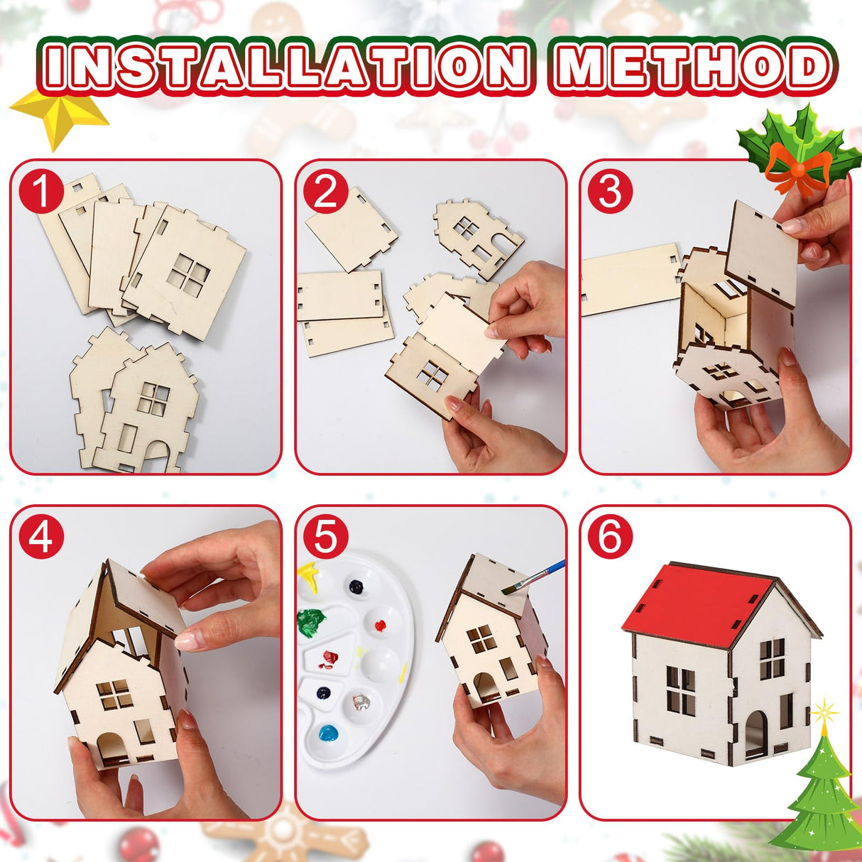 Hiboom 12 Pcs DIY Christmas Village Sets Wood Village Houses Christmas Mini Wooden House Gift for Winter Xmas Party Decorations Hiboom