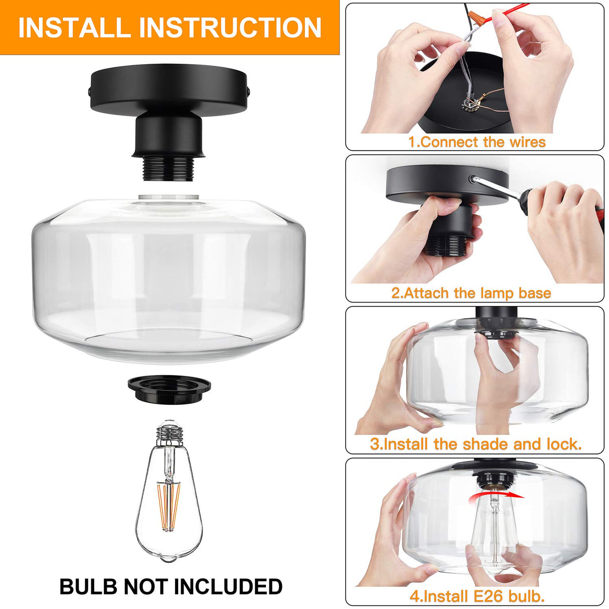 MAXvolador Industrial Semi Flush Mount Ceiling Light, Clear Glass Pendant Lamp Shade, Farmhouse Lighting for Hallway, Vintage Hanging Light Fixtures MAXvolador