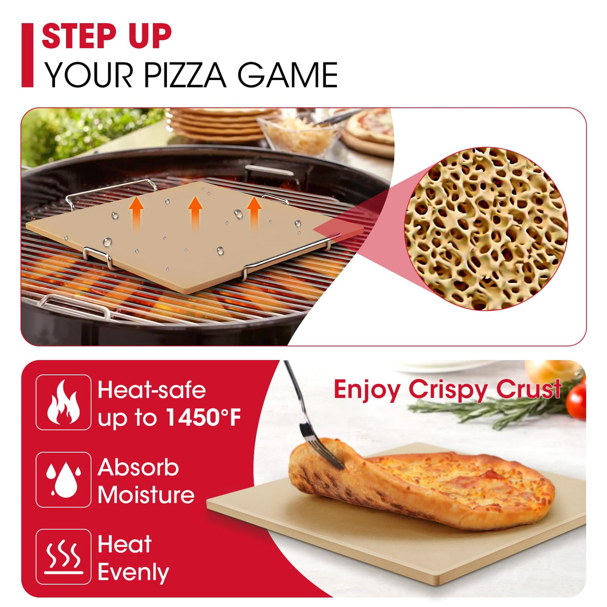 Unicook 12 Inch Square Pizza Stone for Oven and Grill, Oven Baking Stone for Bread, Cordierite Pizza Pan for Baking Crispy Pizzas, Bread and Cookies, Includes Carry Rack and Pizza Dough Scraper Unicook