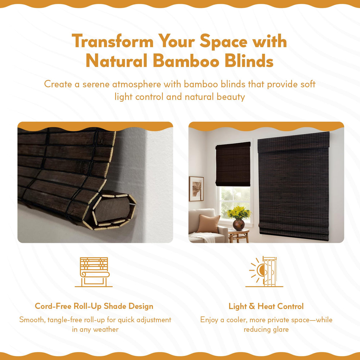 Radiance Cordless Bamboo Roman Shades for Windows - Flatweave Bamboo Blinds for Reduce Bright Light - Easy to Lift & Fold Up Window Shades - Espresso - 27 in. W x 48 in. L - (02208825E) Radiance