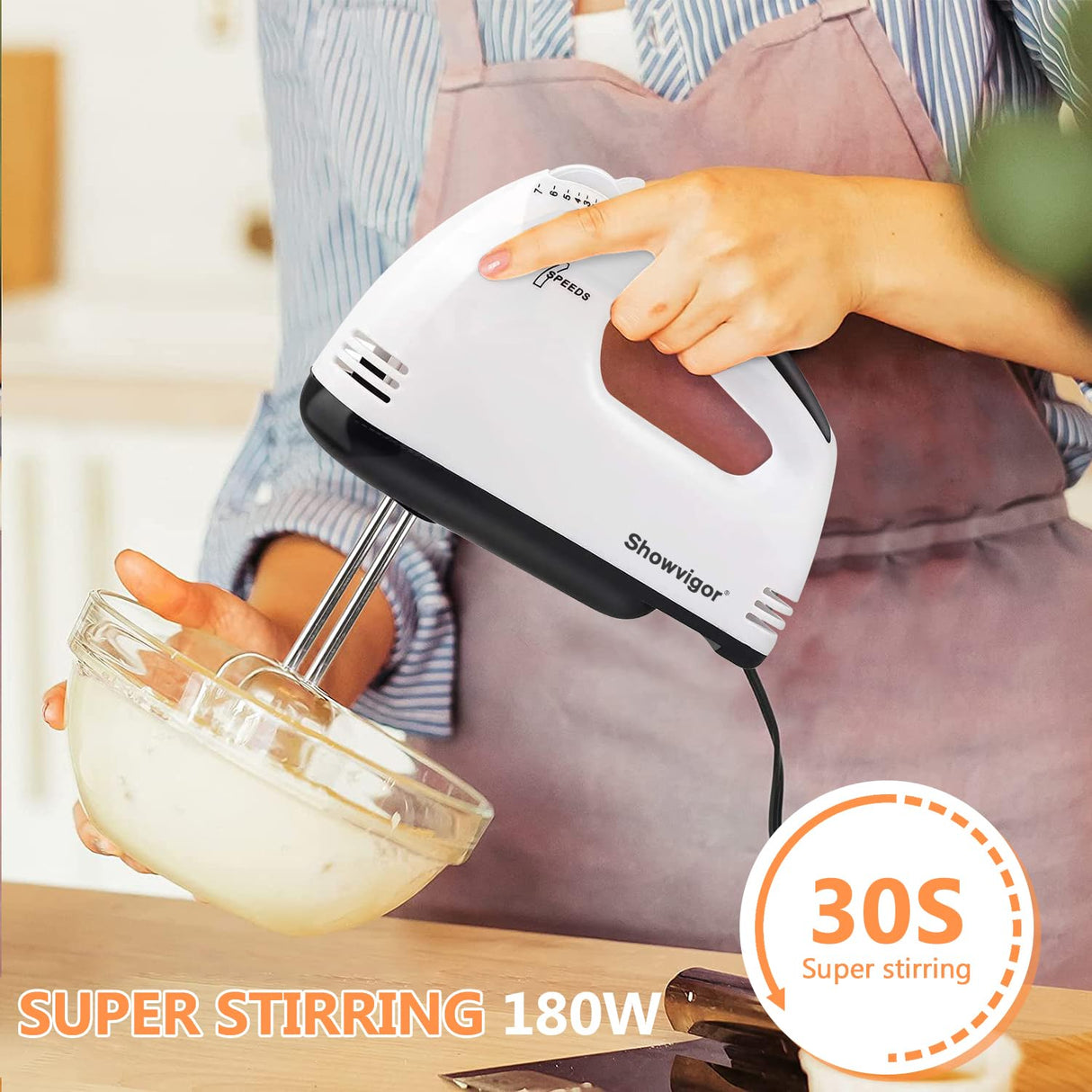 Showvigor Handmixer Electric Handheld - 7 Speed Portable Kitchen Mixer Electric with 5 Stainless Steel Accessories Whisk, Food Beater for Whipping Mixing Cookies Cakes Eggs Dough Showvigor