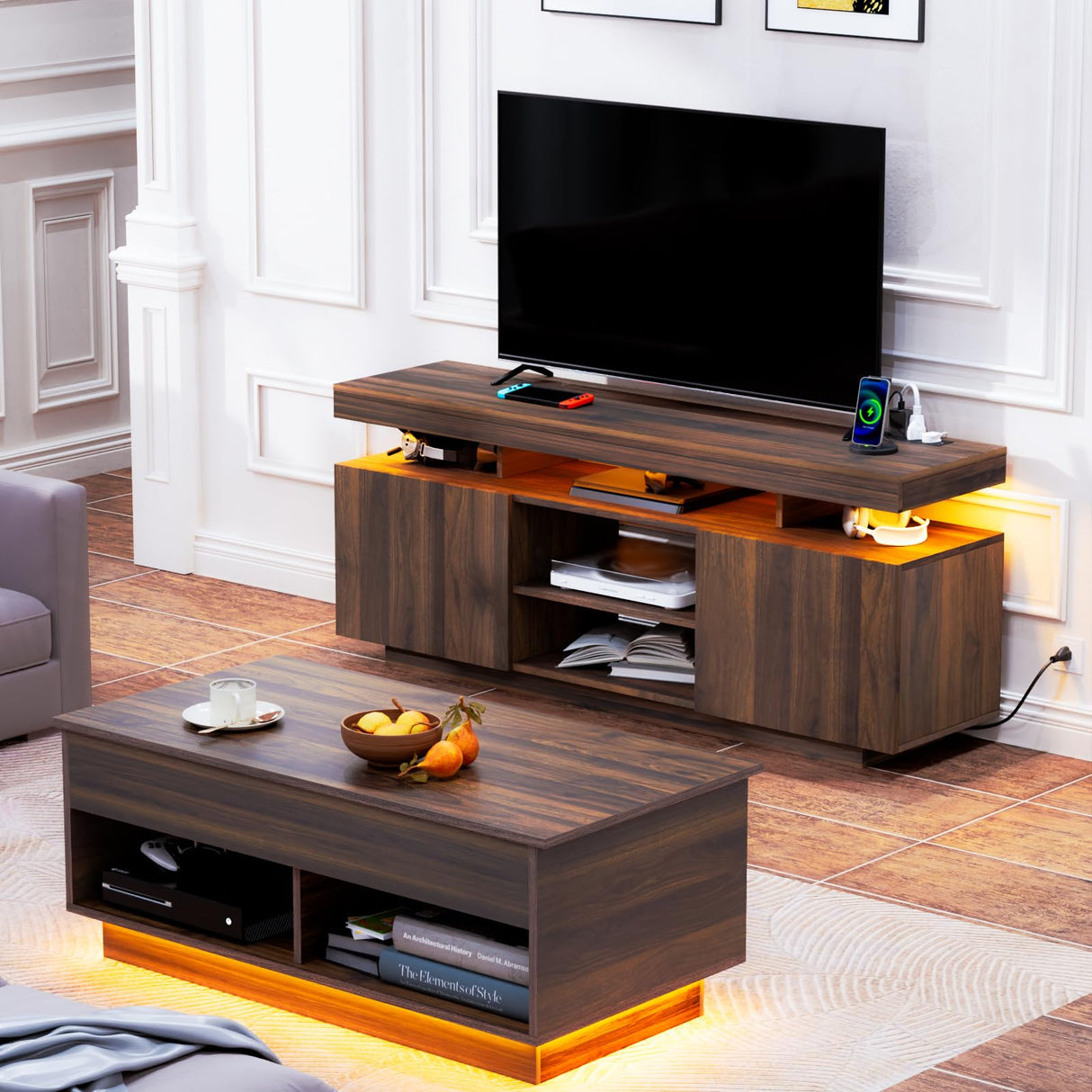 HOMMPA LED Lift Top Coffee Table and TV Stand Set of 2,Modern LED Entertainment Center with Power Outlets for up to 65" TV, Coffee Table with Hidden Compartment & 2 Open Shelve Walnut HOMMPA