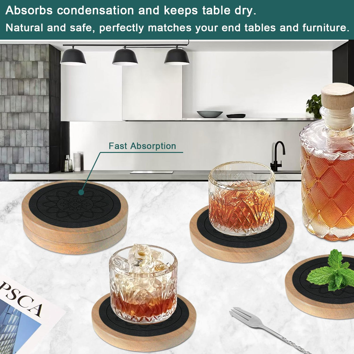 Wood Coasters for Drinks, Minacun Absorbent Coaster Sets of 5, Drinks Coasters for Coffee Tabletop Protection, Non-Slip, Non-Stick, Suitable for Kinds of Cups Wooden Table Drink, 4.3 Inches Black Minacun