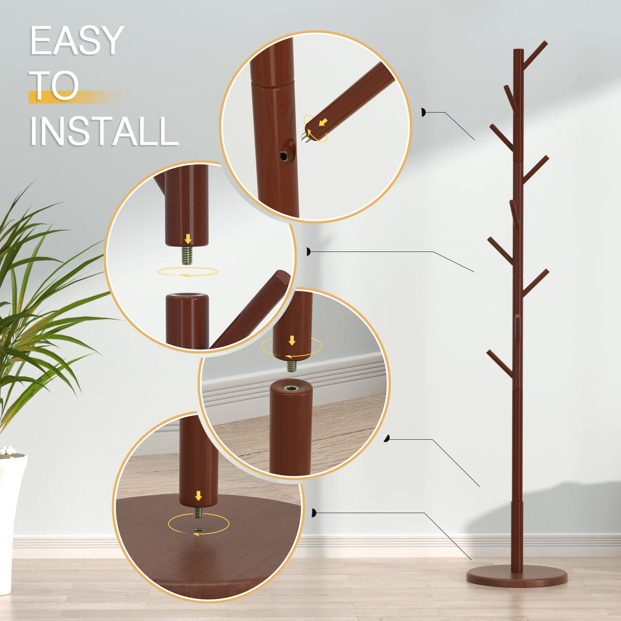 Wooden Coat Rack Freestanding Coat Tree with 4 Height Options and 9 Hooks, Sturdy Coat Rack Stand for Clothes/Bags/Hats, Easy Assemble Save Space for Entryway,Bedroom,Office,Narrow Place (Brown) Bamdibola