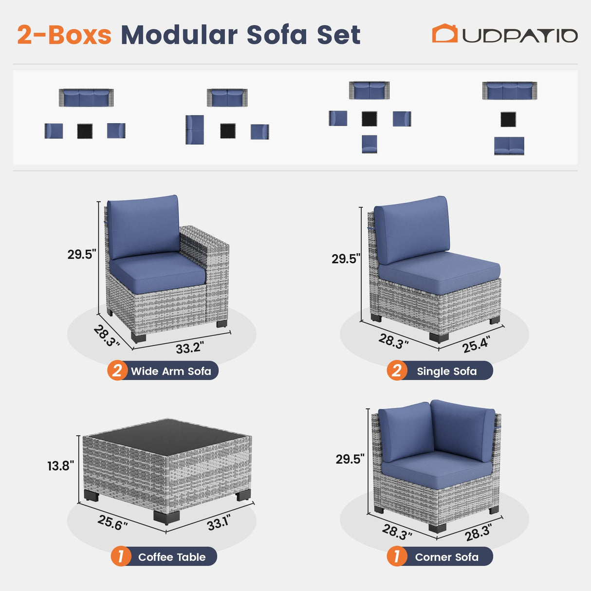 UDPATIO Patio Furniture Set, 8 Inch Armrest Outdoor Sectional Sofa, 6 Piece Wicker Outdoor Furniture Conversation Sets with Waterproof Cover and Coffee Table for Backyard Deck(Grey/Navy Blue) UDPATIO