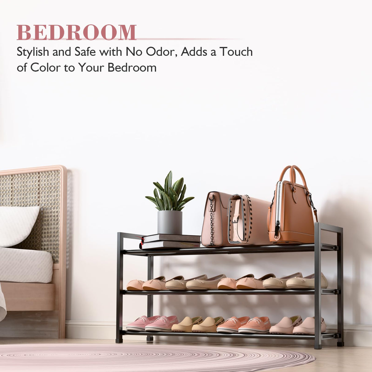 Bumusty 3-Tier Expandable Shoe Rack for Closet, 18“-33” Adjustable Shoe Rack for Small Space, Small Shoe Organizer for Front Door, Sturdy Metal, Black Bumusty