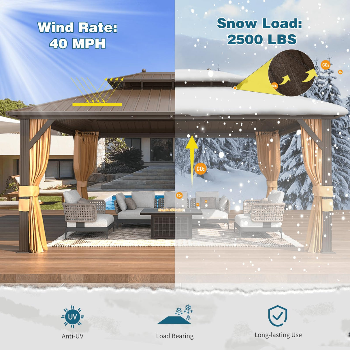 MELLCOM 12'x16' Hardtop Gazebo, Galvanized Steel Metal Double Roof Aluminum Gazebo with Curtains and Netting, Brown Permanent Pavilion Gazebo with Aluminum Frame for Patio, Lawn & Garden MELLCOM