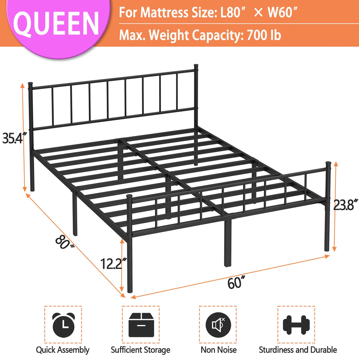 DIIYIV Queen Bed Frame-Classic Metal Platform Bed Frame,Mattress Foundation with Steel Slat Support,Under Foundation Storage,No Box Spring Needed, Easy Assembly, Queen Size DIIYIV