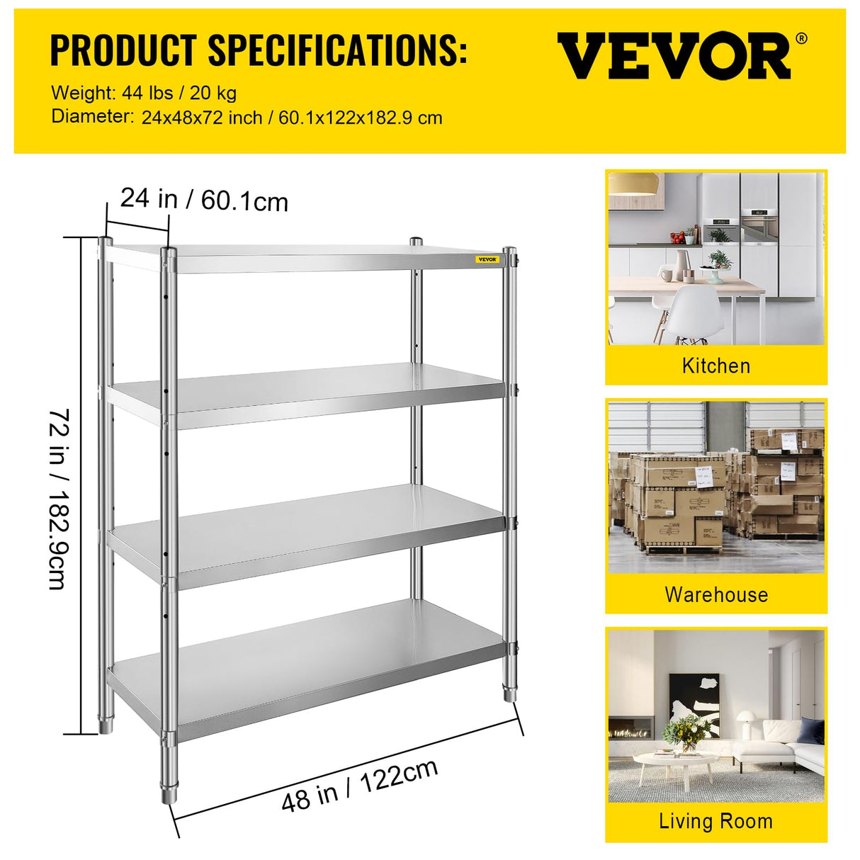 VEVOR Stainless Steel Shelving 46.8x18.5 Inch 4 Tier Adjustable Shelf Storage Unit Stainless Steel Heavy Duty Shelving for Kitchen Commercial Office Garage Storage 330lb Per Shelf VEVOR