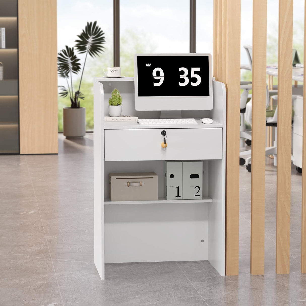 OmySalon Reception Desk with Counter, Small Front Desk w/Lockable Drawer, Wooden Modern Reception Table for Salon Lobby Office Home (White, 24) OmySalon