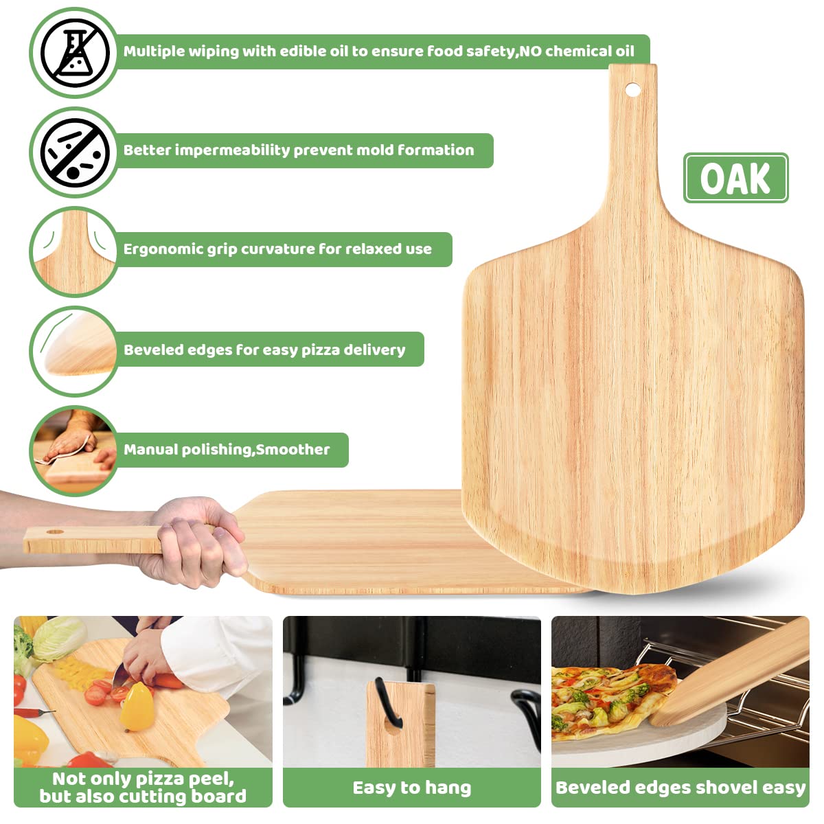 5 PCS Large Pizza Stone Set,Heavy Duty 16" Pizza Stone for Oven and Grill with Handle Rack,Pizza Peel(OAK), Pizza Cutter Rocker & Cooking Paper,Large Baking Stone for Pizza, Bread Gyreuni