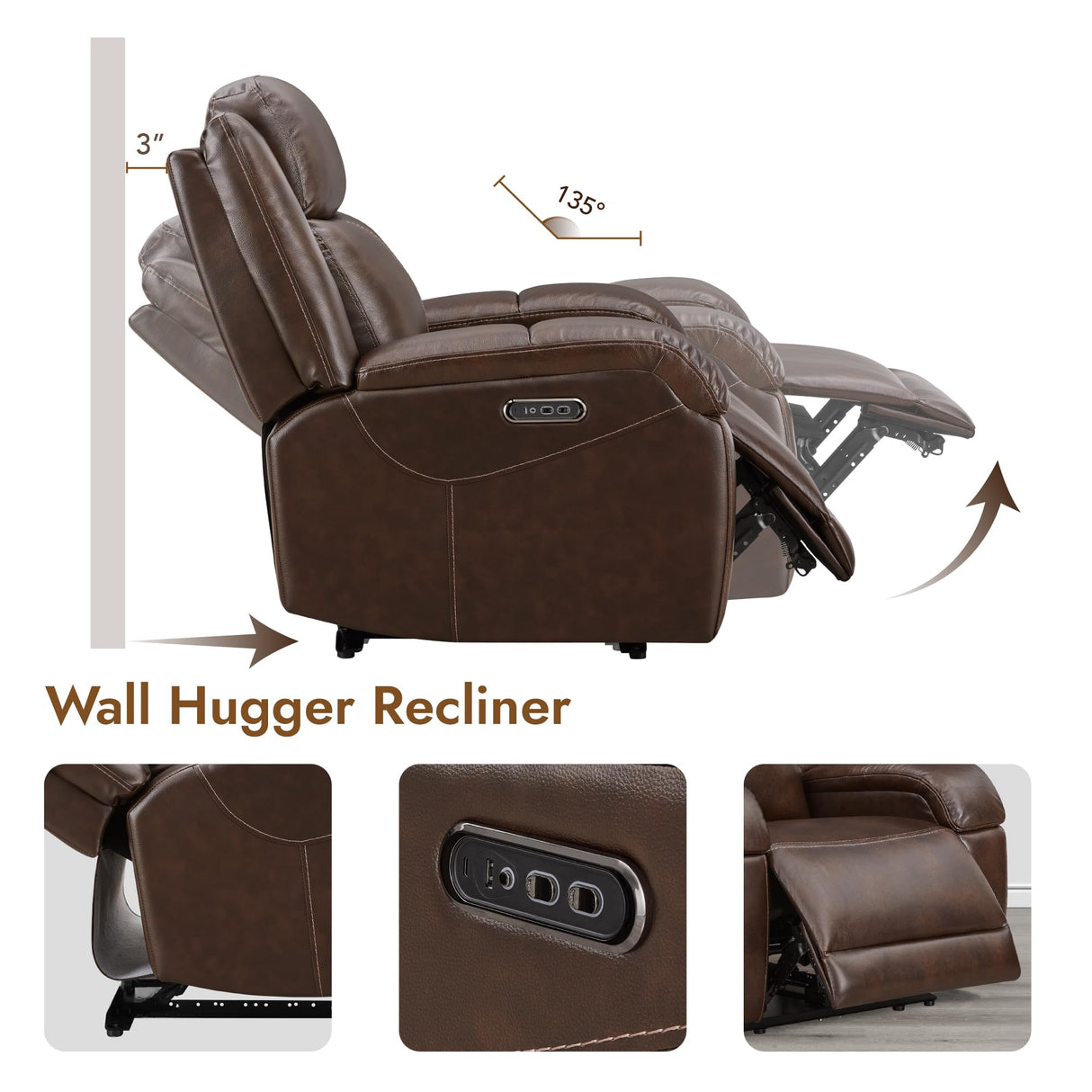 Watson & Whitely Genuine Leather Power Recliner Chairs for Adults, Wall Hugger RV Recliner with Power Headrest & Charging Ports, Electric Recliner Sofa Chair for Living Room, Dark Brown Watson & Whitely