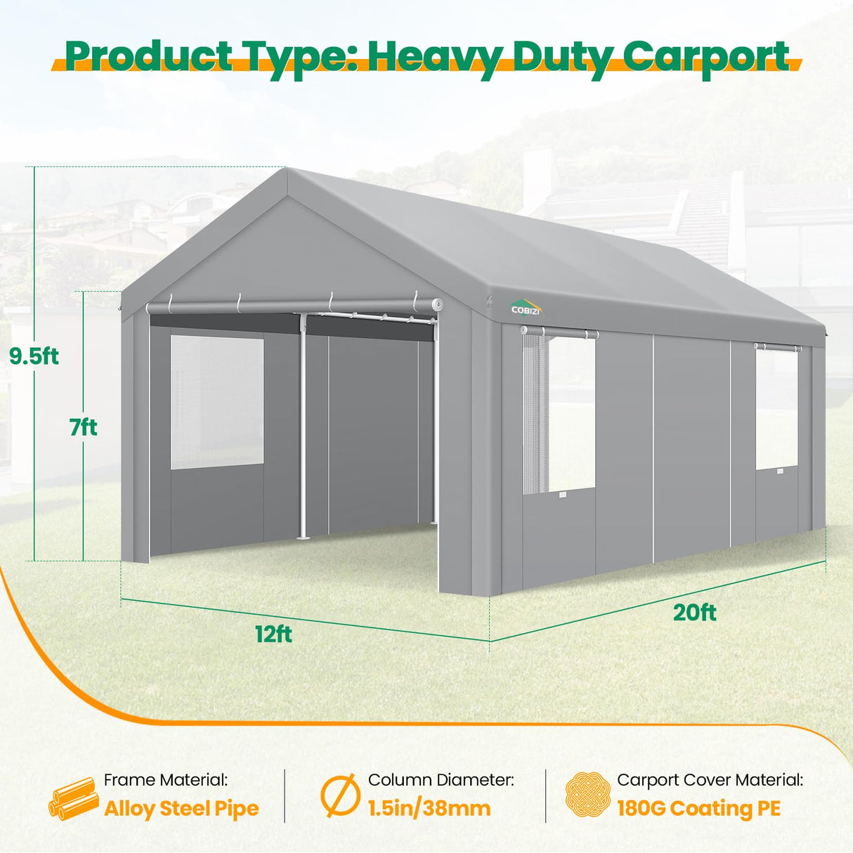 COBIZI Carport Canopy 12x20 Heavy Duty Portable Garage with Roll-Up Ventilation Windows & Doors, Removable Sidewalls Car Canopy Car Tent Waterproof with Built-in Sandbags for Cars, Boats, Trucks, Gray COBIZI