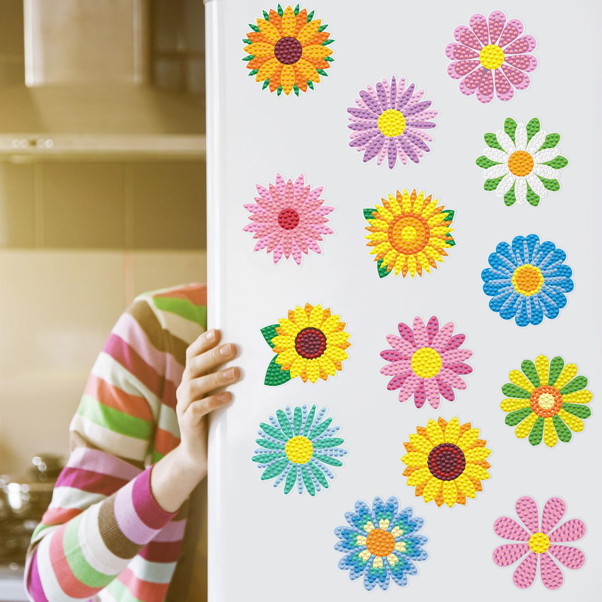 Saillong 36 Pcs Daisy Diamond Painting Sticker 5d DIY Diamond Sticker Sunflower Painting Creative Decals Resin Flower Rhinestone Gem Art Kits for Refrigerator Home Crafts Adults Summer Gift Decor Saillong