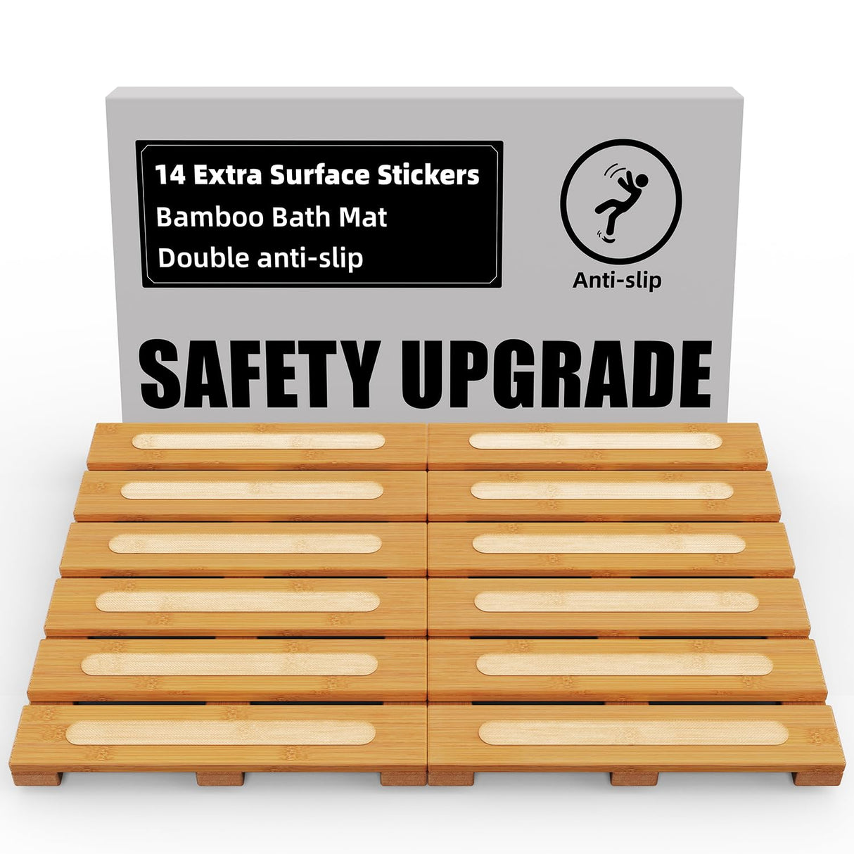 Bamboo Bath Mat for Shower, Dual Anti-Slip for Surface & Bottom, Waterproof Foldable Shower Mat, Easy to Carry and Storage, Wonderful for Indoor Outdoor ( Natural, 20.86×13.77×1.14 Inches) JOJOZOO