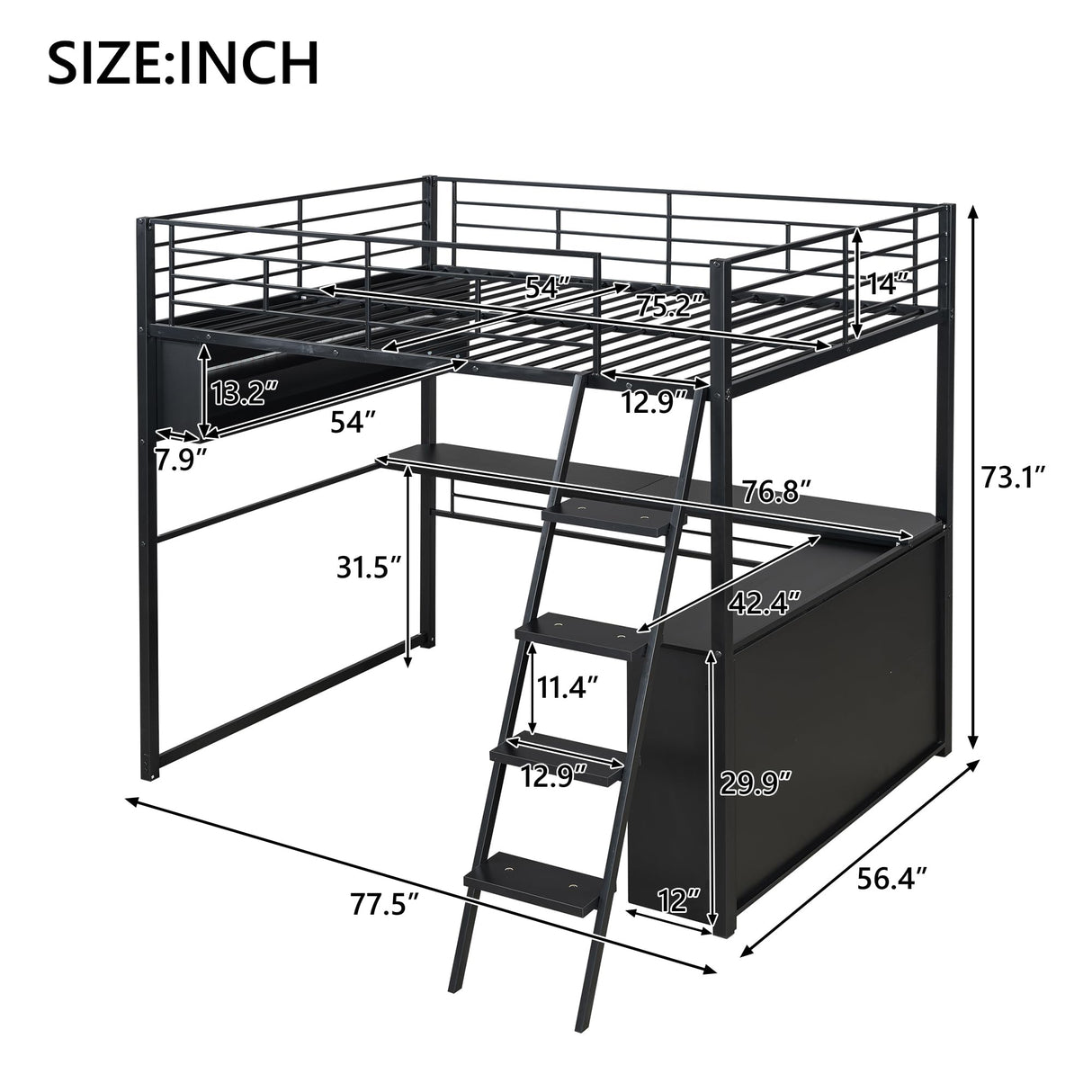 Polibi Full Size Loft Bed with LED and Desk,Metal Gaming Loft Bed Frame with 4 Storage Shelves,Black Polibi