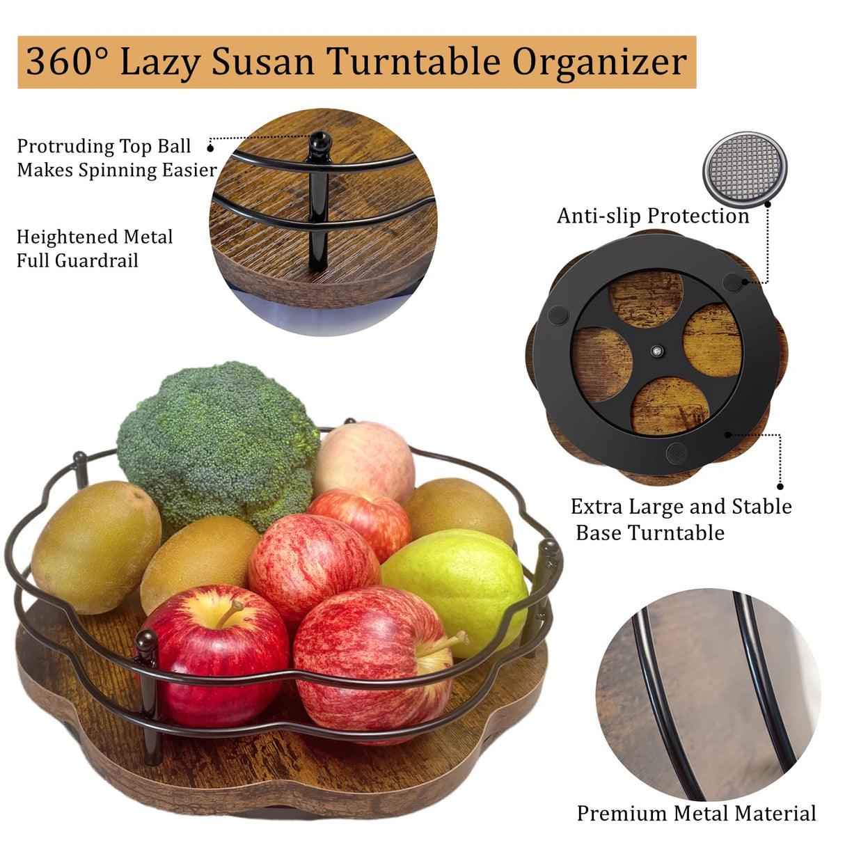 BaiWinlar 12" Wood Lazy Susan Turntable Organizer, 360°Rotating Non-Slip Lazy Susan Spice Rack Organizer with Higher Edge for Table Top Cabinet Kitchen Countertop Dining Table Coffee Bar Storage BaiWinlar