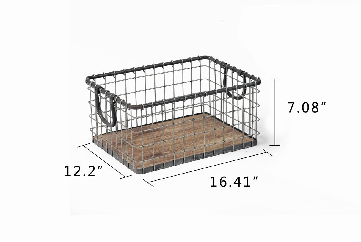 16" Rectangular Sturdy Hand Welded Farmhouse Metal Wire Basket with Rustic Wooden Bottom For Shelves, Closet Storage Bins for Shelves. Also For Laundry, Towel, Spice Rack, Tool Box (1) WoodArtSupply