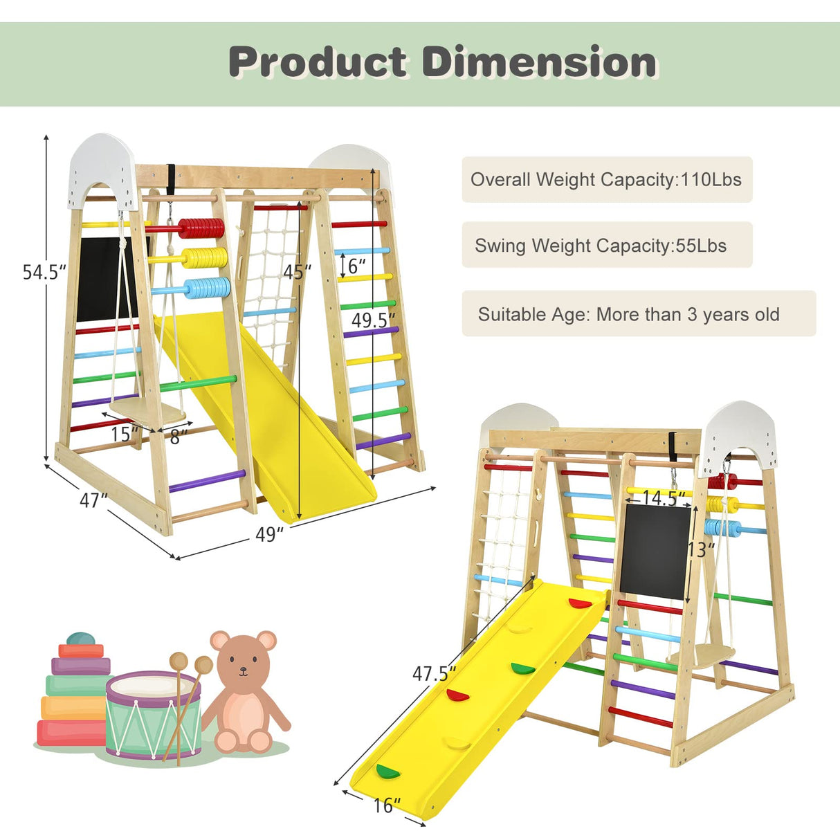 Costzon Indoor Jungle Gym, 8-in-1 Montessori Climbing Toys for Toddlers with Double-Sided Slide, Climbing Rock/Net, Indoor Wooden Playground Climber Playset for Kids 3+ Years Birthday Costzon