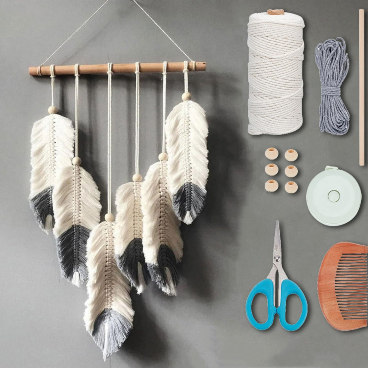 ORIGACH DIY Macrame Feather Wall Hanging Kit Boho White and Dark Gray Feather Tapestry Macrame Kit for Adults Beginner Handmade Rustic Macrame Feathers Leaf Wall Hanger Decor for Living Room Bedroom ORIGACH