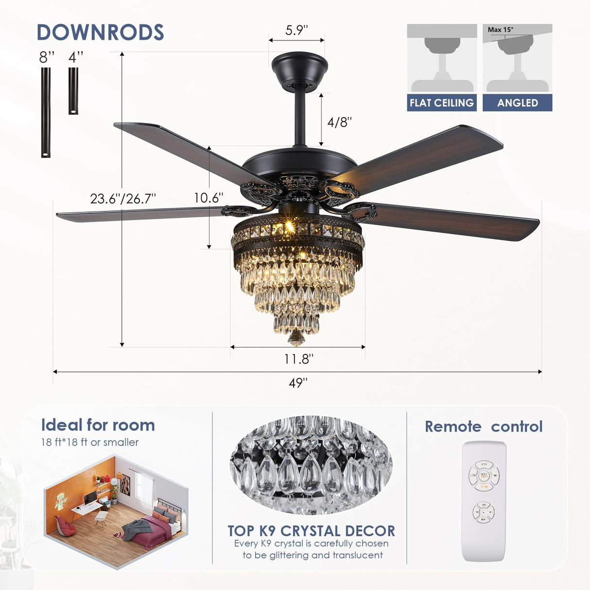Crystal Ceiling Fan Fandelier with Lights - Modern Outdoor Fans with Remote Control,Noiseless AC Motor, Retro/Farmhouse Lighting, Dining Room, Living Room (52" Asyko