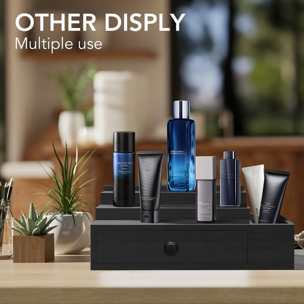 Cologne Stand Organizer for Men, 3 Tier Cologne Display Shelf with Velvet Lining Drawer and Compartments for Watch, Jewelry, Perfume Display Risers for Cologne, Great Gift for Father Zecela