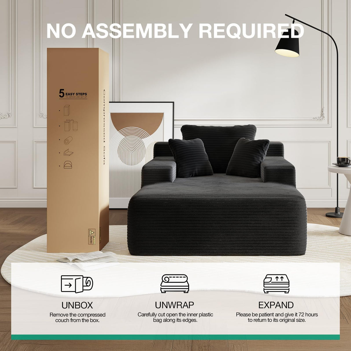 Novilla Oversized Chaise Lounge Indoor, Corduroy Cloud Couch Boneless Chaise Lounge Chair Indoor Deep Seat Reading Chair, 66‘’L x 46‘’W Boneless Couches for Living Room, No Assembly Required, Black Novilla