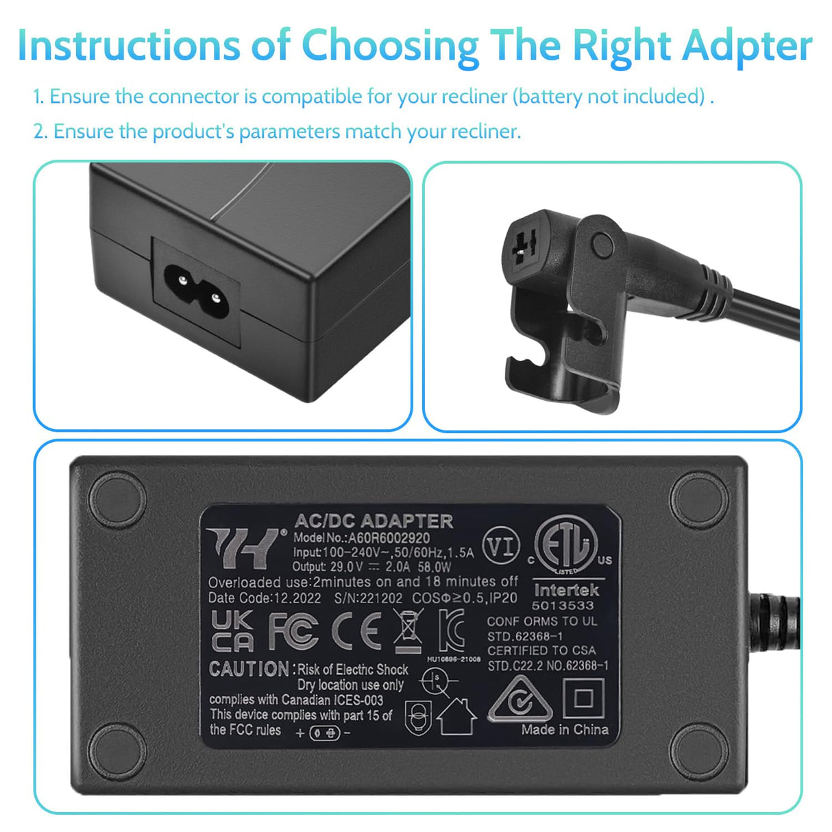 Power Recliner Power Supply, Sopito Universal 2-Pin AC/DC Adapter 100-240V, Quality 29V 2A Switching Transformer, Replacement Part for Recliner/Electric Sofa/Lift Chair/Couch/Standing Desk Sopito