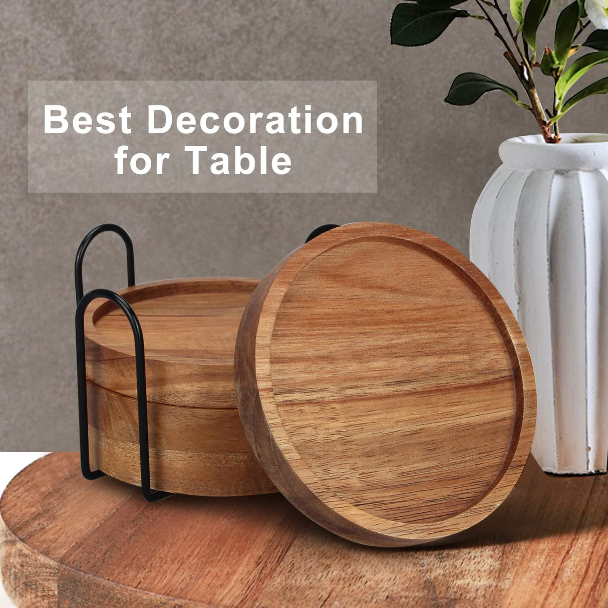 4 Pcs Farmhouse Wooden Coasters with Holder Cute Wood Drink Coaster Set Outdoor Beer Coaster Home Decoration Coffee Table Decor Gift Beverage Cup Coasters Bar Dining Table Accessories Modern Coasters Renawe