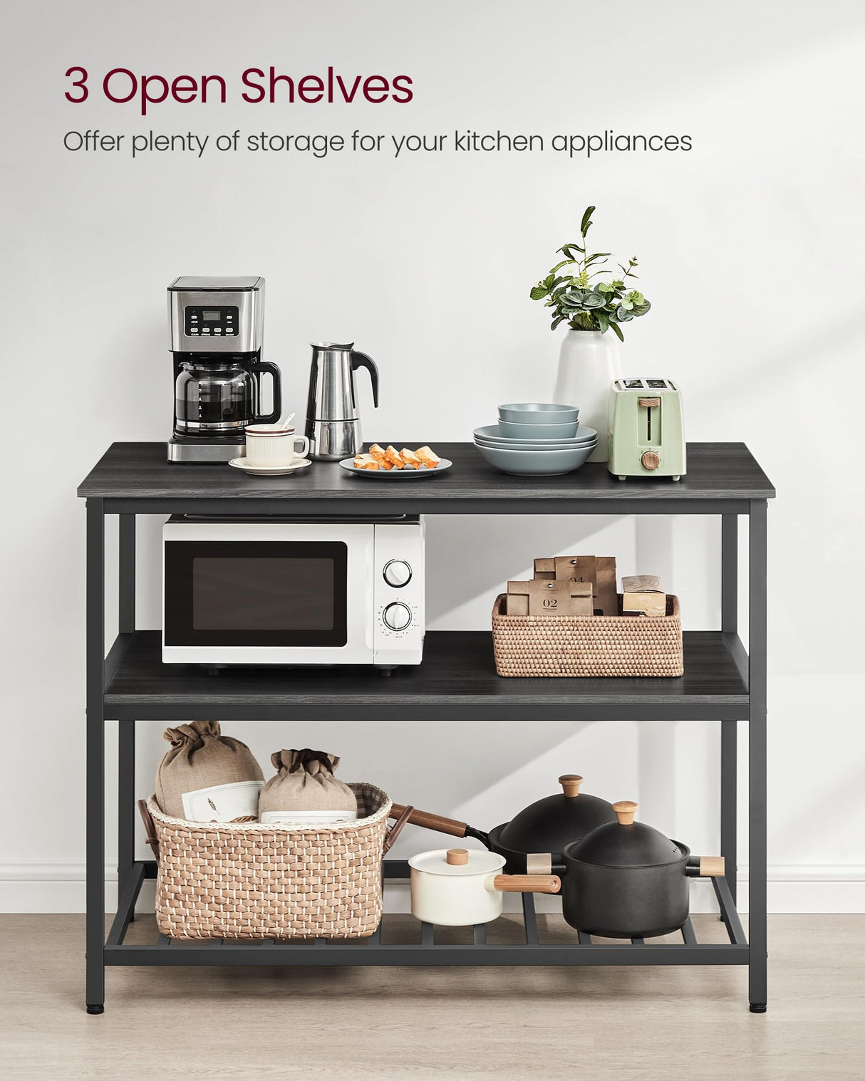 VASAGLE Kitchen Island with 3 Shelves, 47.2 Inches Width Kitchen Shelf with Large Worktop, Stable Steel Structure, Industrial, Easy to Assemble, Ebonised Oak and Black UKKI001B42 VASAGLE