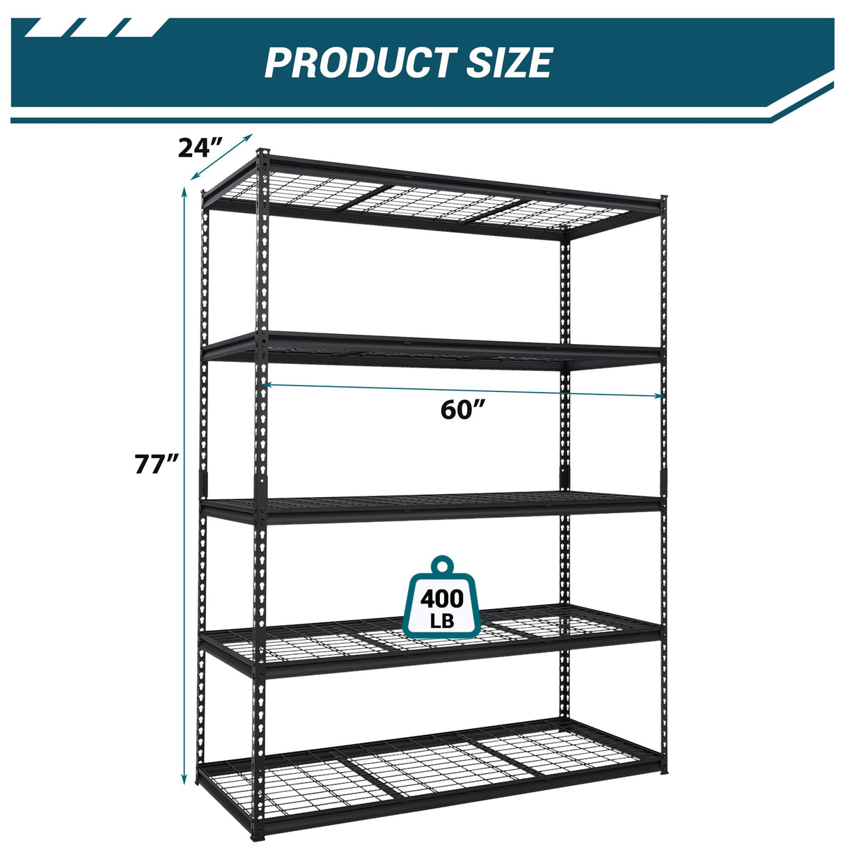 GarveeHome Garage Shelving, 5-Tier Heavy Duty Garage Shelving, 60 in L x 24 in W x 78 in H Storage Shelves Adjustable Height, Metal Shelves for Kitchen Pantry Basement Laundry, Easy Assemble GarveeHome