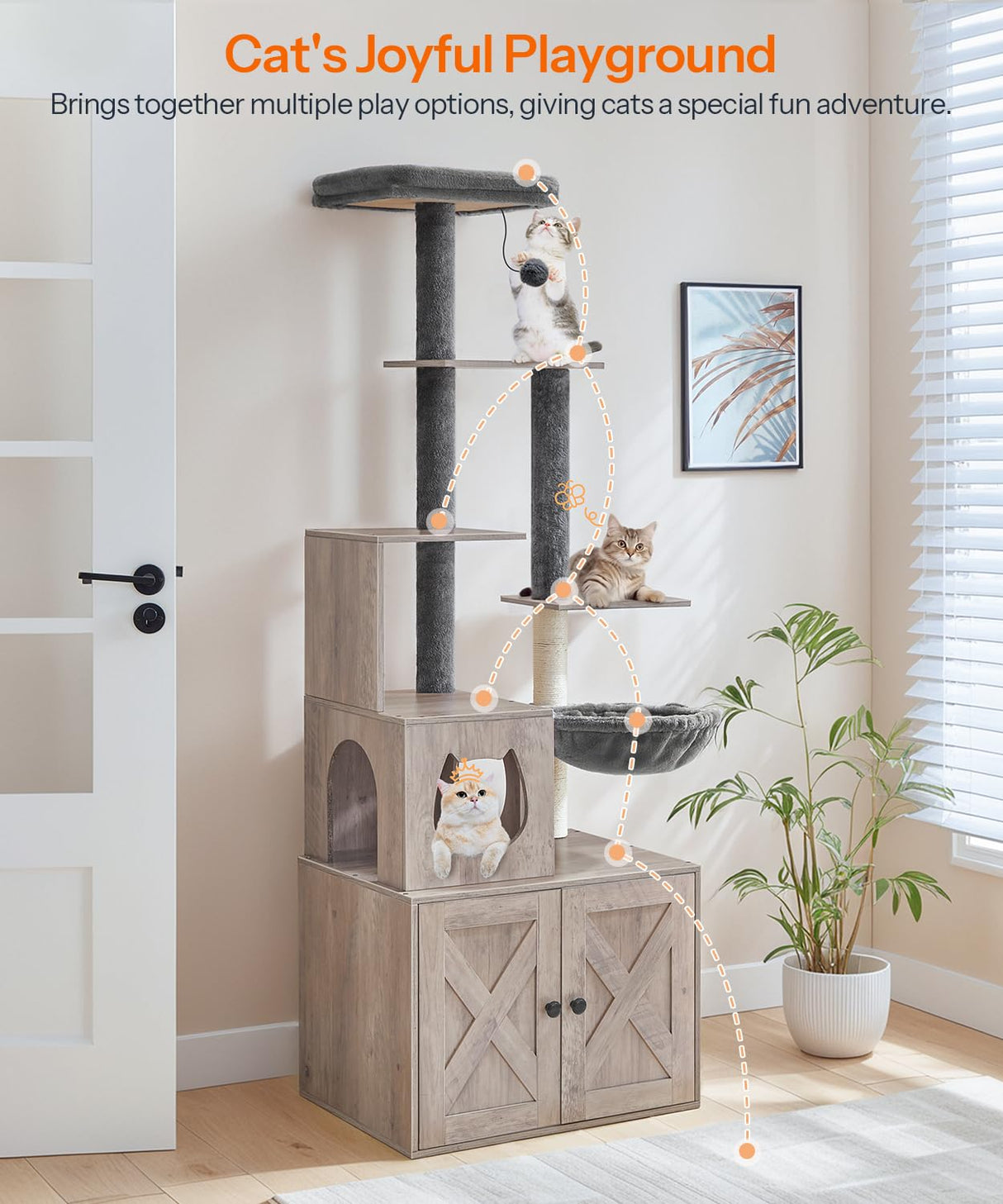 HOOBRO Cat Tree with Litter Box Enclosure, 67.7" H Wooden Multifunctional Pet Furniture with Hidden Litter Box, Perch, Hammock and Scratching Post, Cat Tower for Indoor Cats, Greige BG75MZ03 HOOBRO