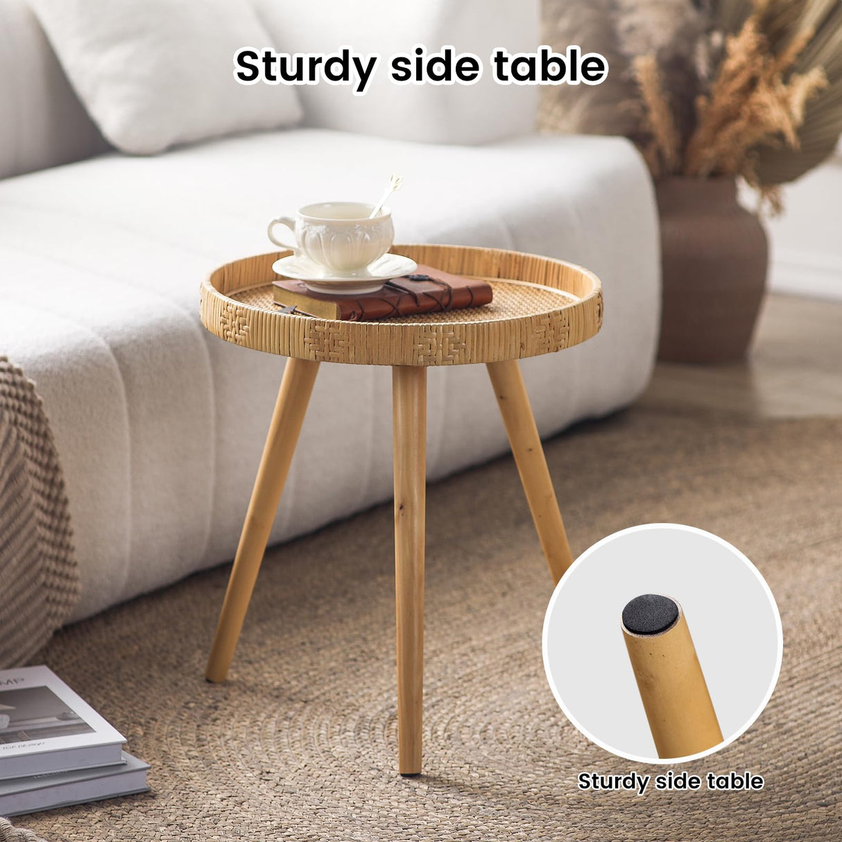 HuiDao Round Side Table, Boho Circle End Table Coffee Table with Solid Wood Leg, Rattan Side Tables Living Room for Small Spaces, Bedroom, Corners
