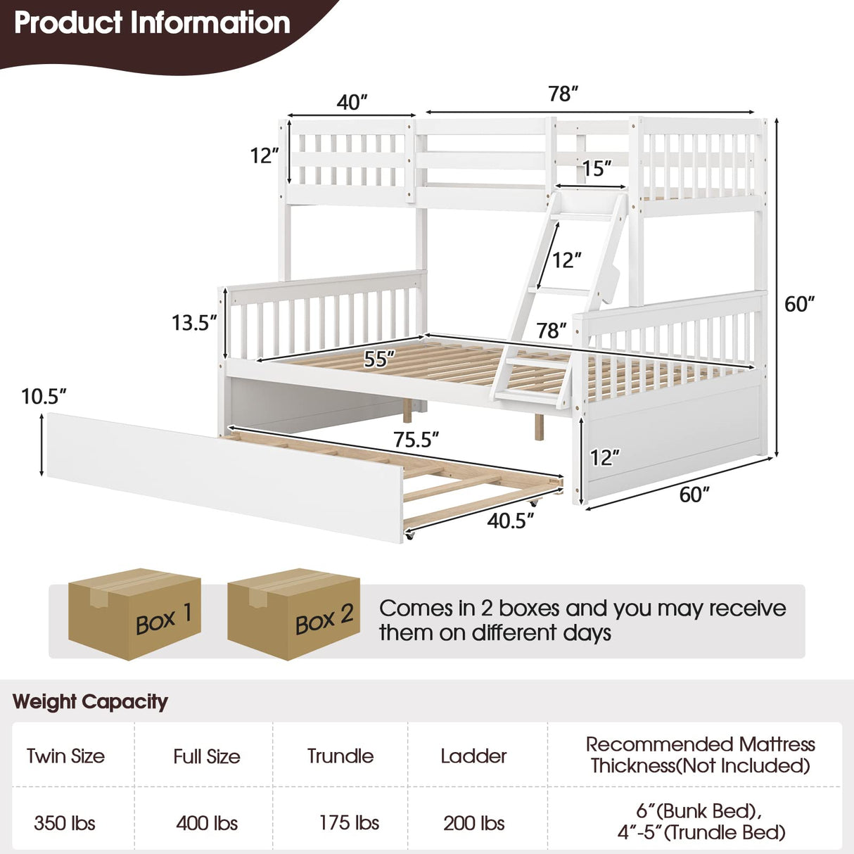 KOMFOTT Solid Pine Wood Twin Over Full Bunk Bed with Trundle and Safety Guardrails KOMFOTT