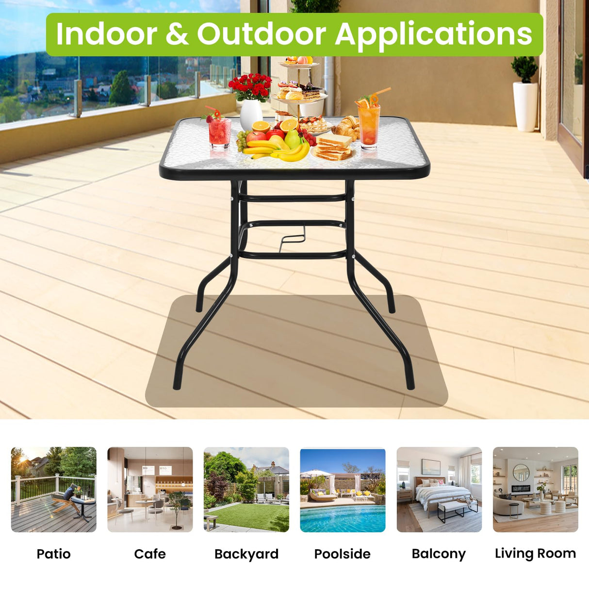 RROCOSIA 32 Inch Outdoor Bistro Table, Square Patio Table Tempered Glass Bistro Dining Set with Umbrella Hole for Garden, Balcony, Yard, Bars & Restaurant RROCOSIA