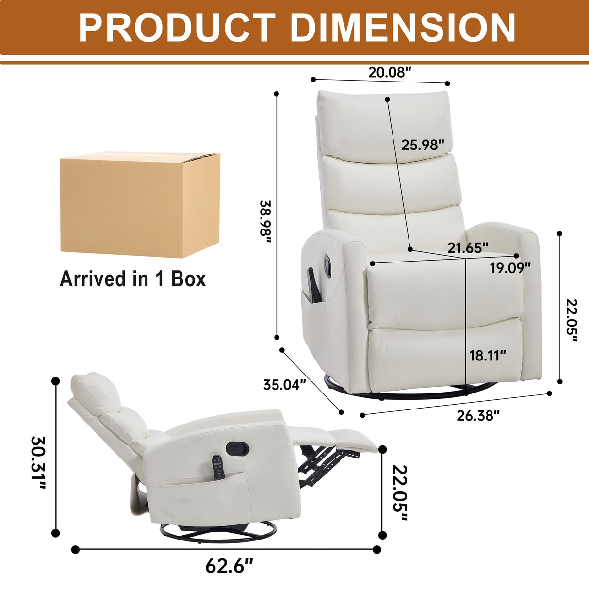 Manual Swivel Rocker Recliner Chair for Adults, Overstuffed Reclining Glider Chair for Nursing with Vibration Massage & Heat, Living Room Rocking Recliner 3-Stage backrest, Faux Leather White EZZUP