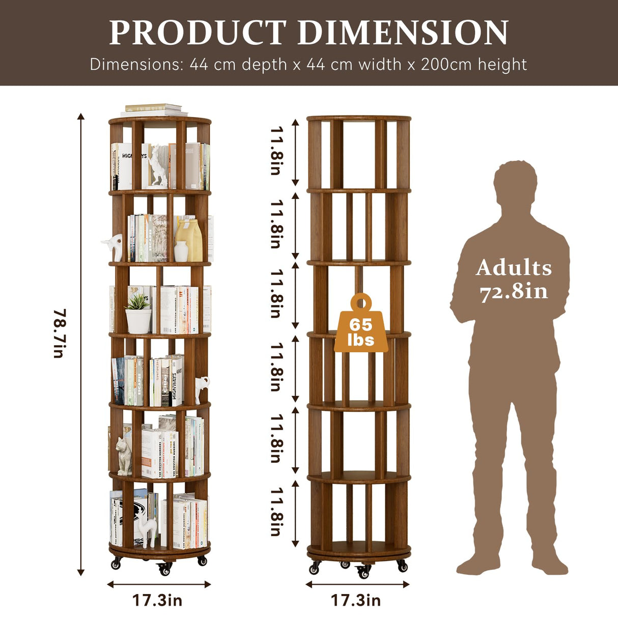Azlafu Rotating Bookshelf Tower with Wheels, 6 Tier Walnut Wood Round Spinning Bookshelf Tower, 360° Revolving Bookcase Rolling for Kids Adult, Rotation Book Shelf for Bedroom, Living, Office, Corner Azlafu